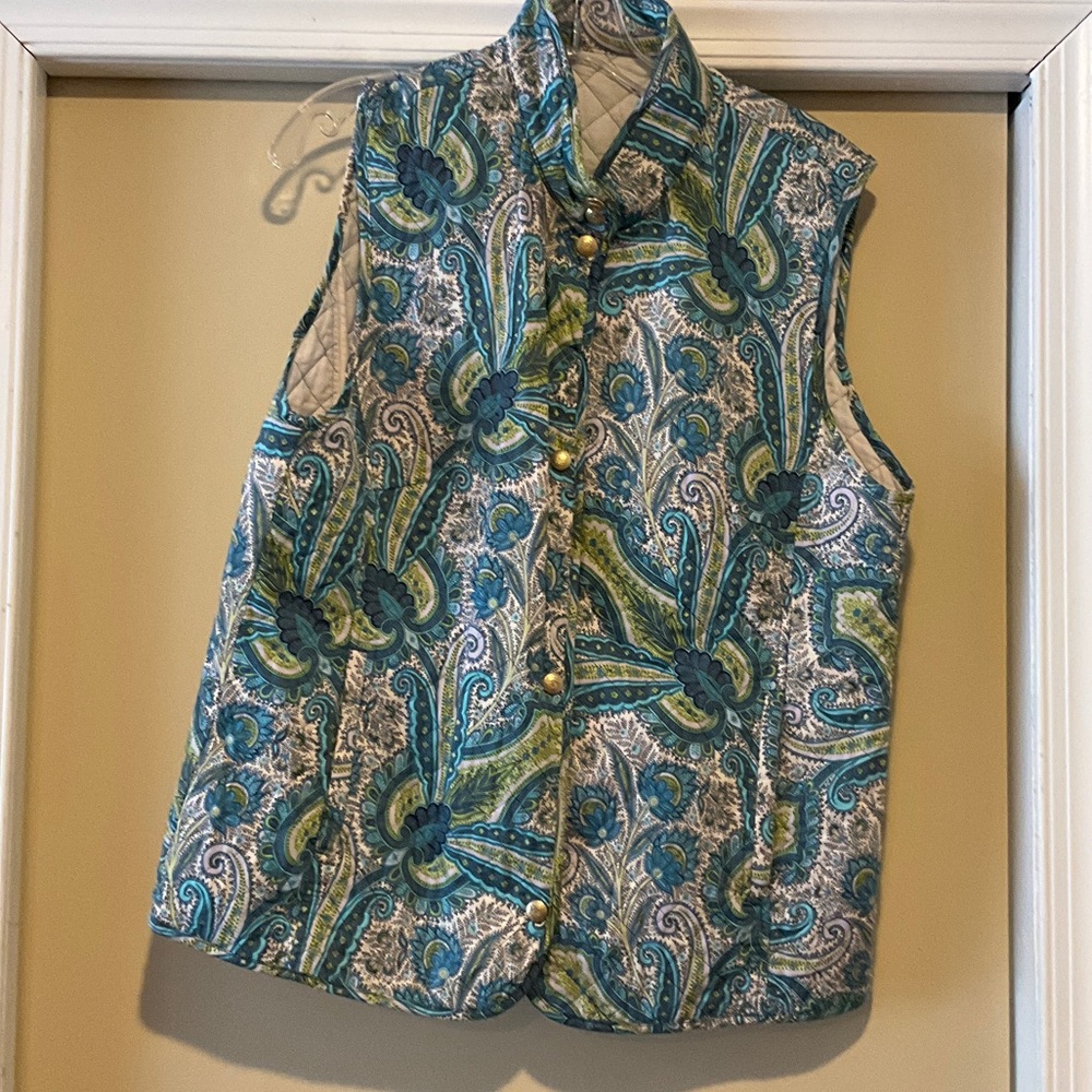 Laura Berlucchi Vibrant blue green Paisley Quilted Vest with gold snaps 14